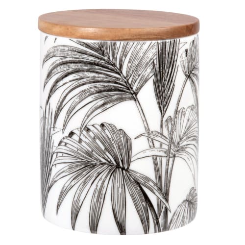 Verzending hoesten kalmeren Zwarte en witte porseleinen pot met palmboomprint en acaciahouten deksel  H12 MOIA | Maisons du Monde