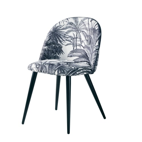 Zwarte vintage stoel uit metaal met eikenhouteffect en jungle print