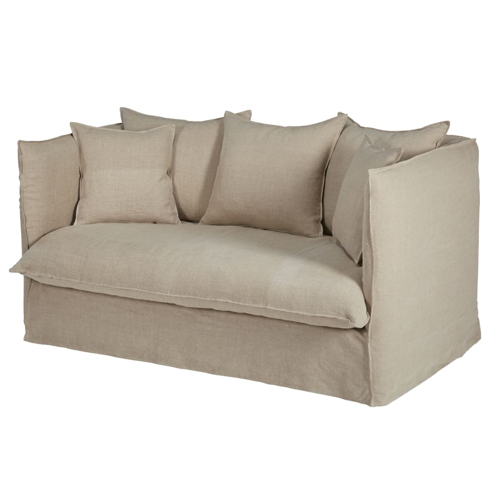 2-Sitzer-Sofa mit Bezug aus beigem gewaschenem Leinen - Maisons