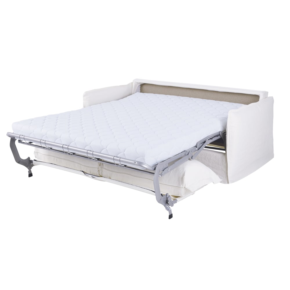 3/4-Sitzer-Schlafsofa aus Premiumleinen, weiß, Matratze 14cm -
