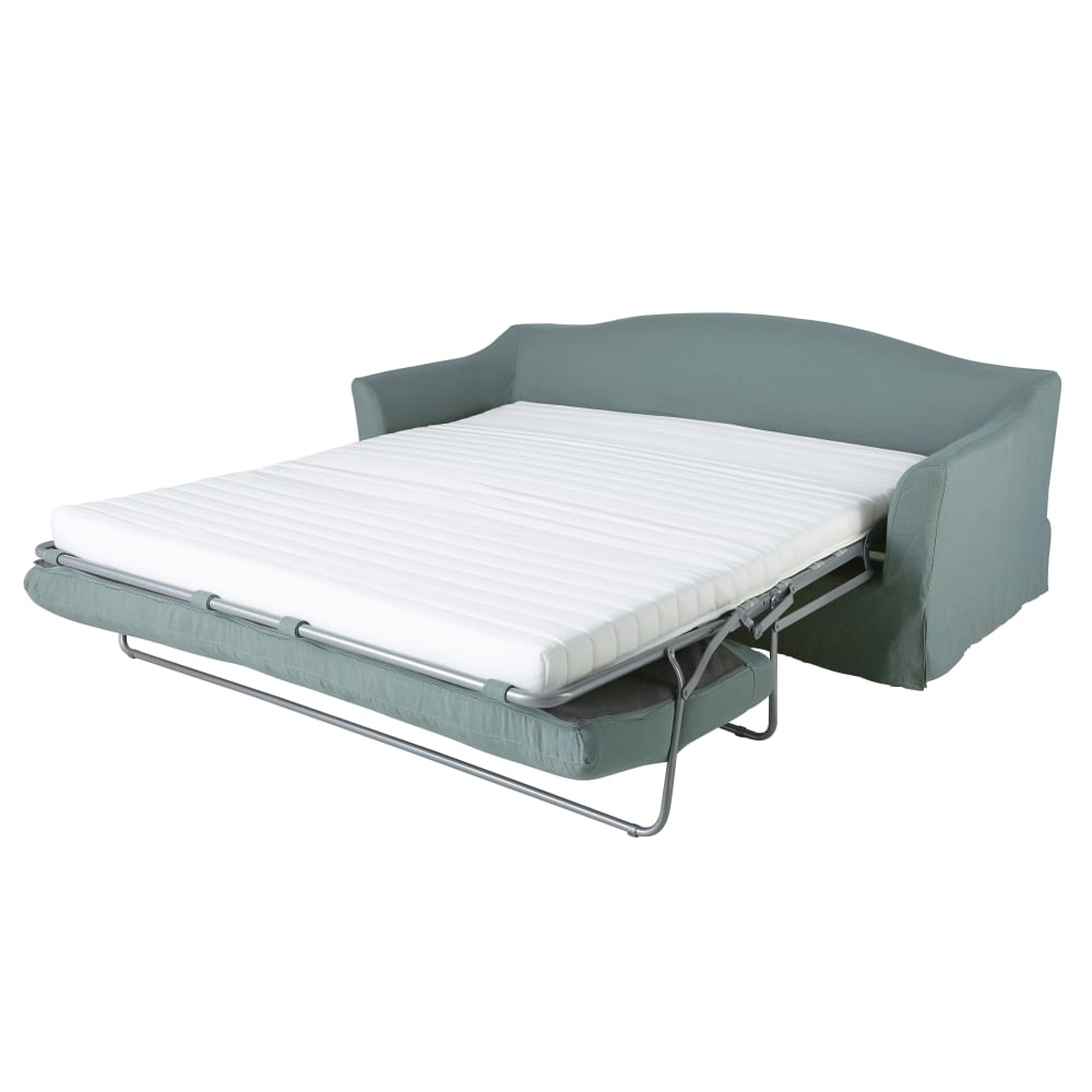 3/4-Sitzer-Schlafsofa mit seladonblauem Leinenbezug - Maisons Du