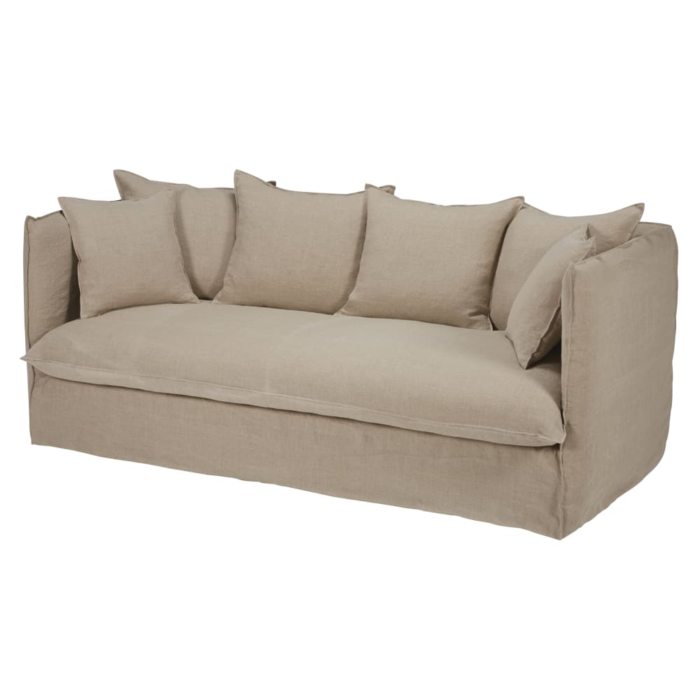 3/4-Sitzer-Sofa mit Bezug aus beigem gewaschenem Leinen - Maisons