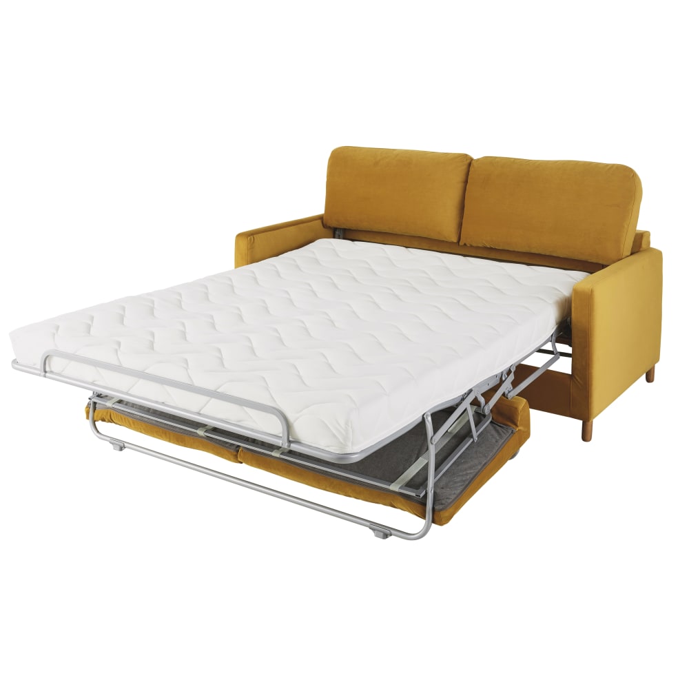 3-Sitzer-Schlafsofa mit Samtbezug senfgelb, Matratze 14cm -