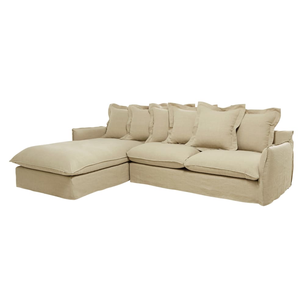 6-Sitzer-Ecksofa, Ecke links, mit Bezug aus beigem gewaschenem