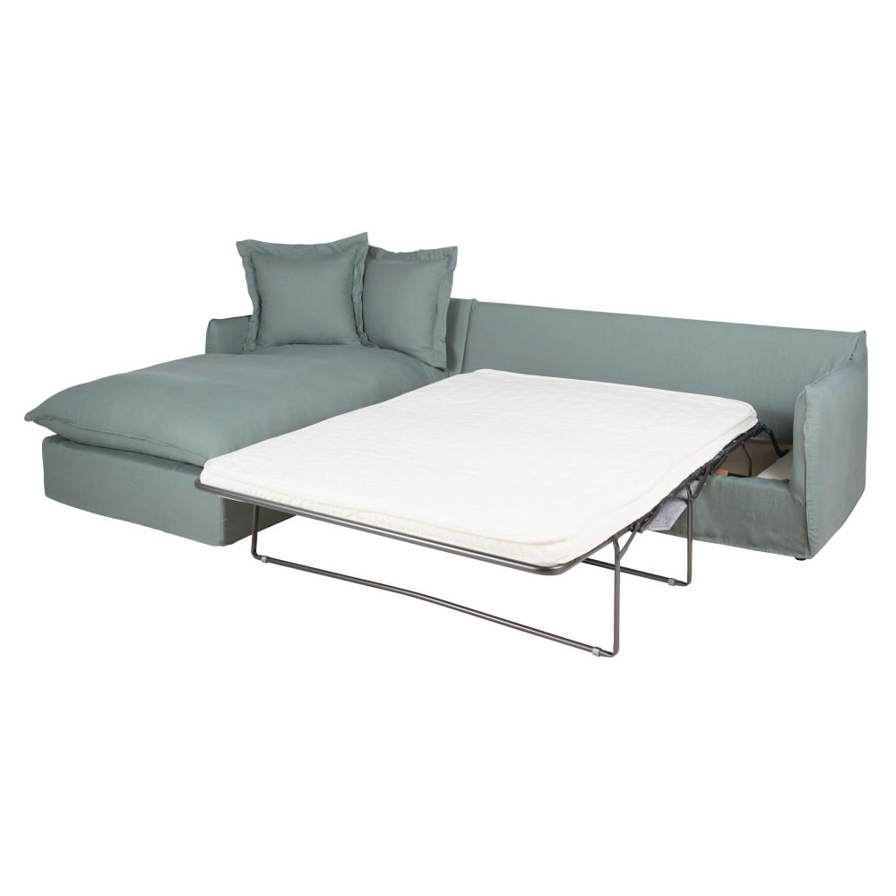 6-Sitzer-Ecksofa mit Ecke links und seladonblauem Leinenbezug,