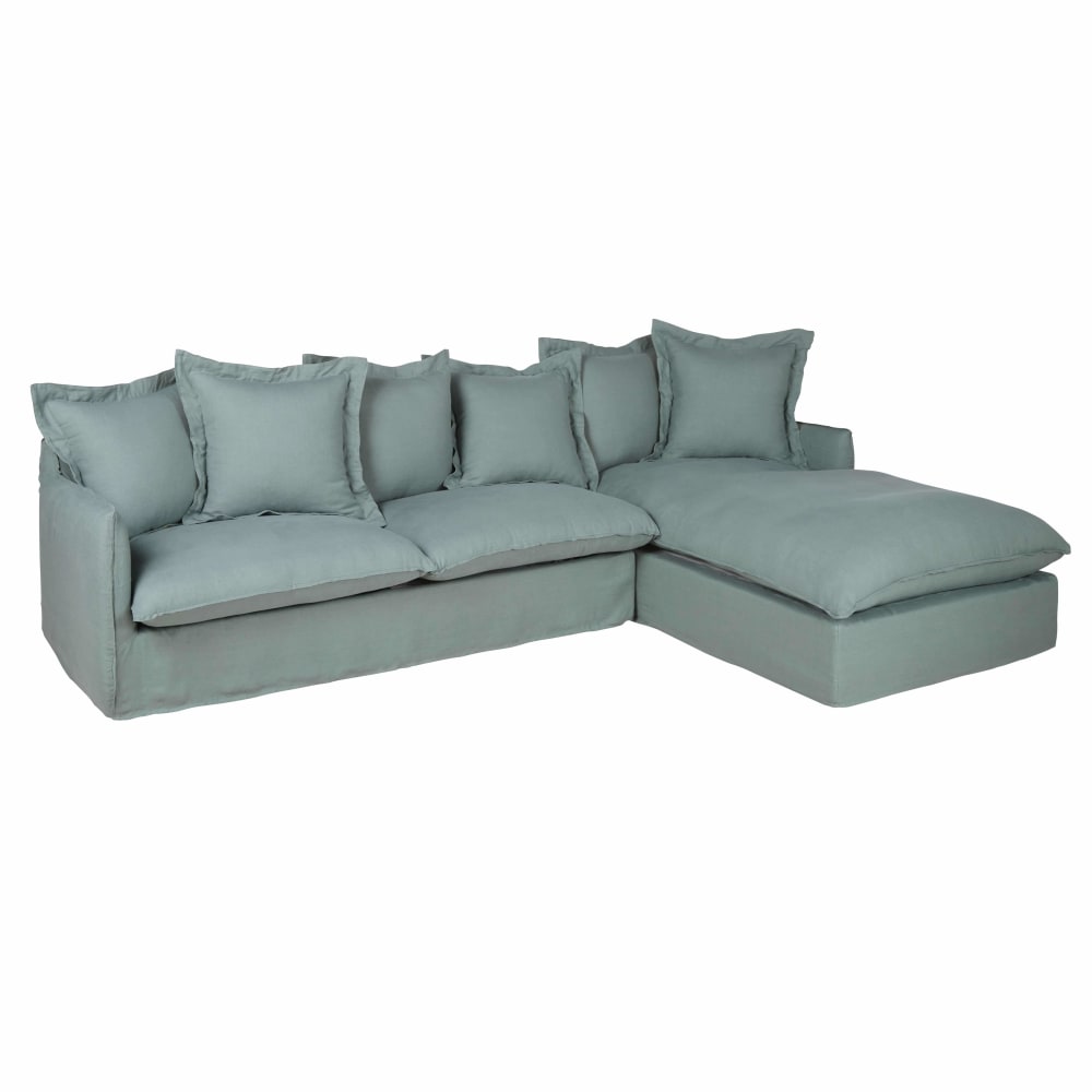 6-Sitzer-Ecksofa mit Ecke rechts und seladonblauem Leinenbezug -