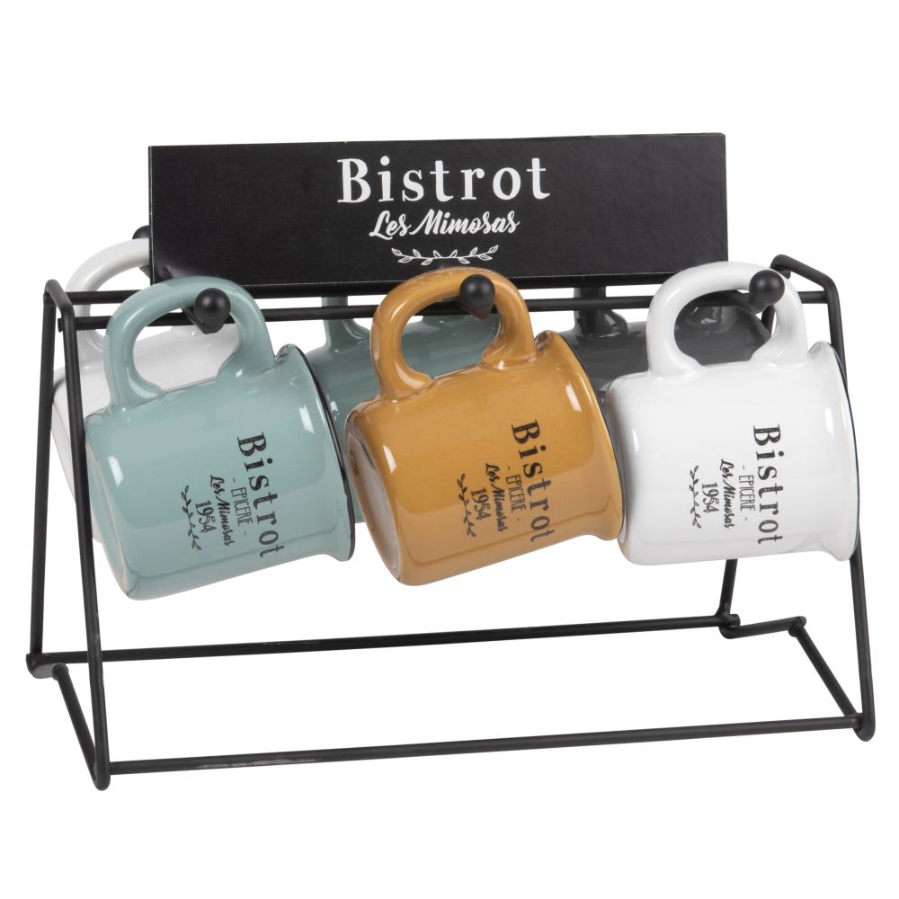 6 tasses en grès multicolore imprimé et support en métal noir 6 tasses en grès multicolore imprimé et support en métal noir