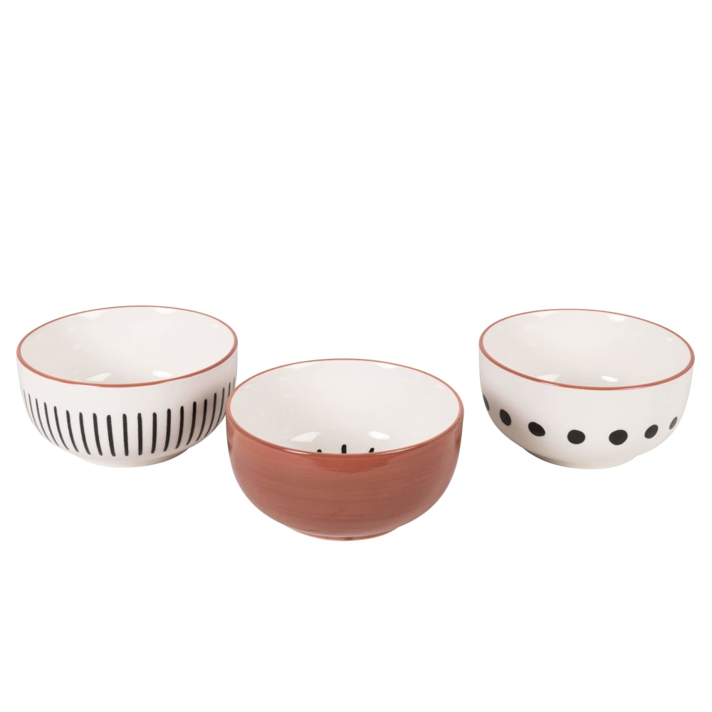 Aperitiefschalen van wit, zwart en rood keramiek met zwart en