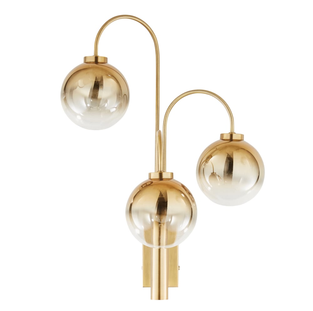 Applique 3 globes en verre ambré et métal coloris bronze