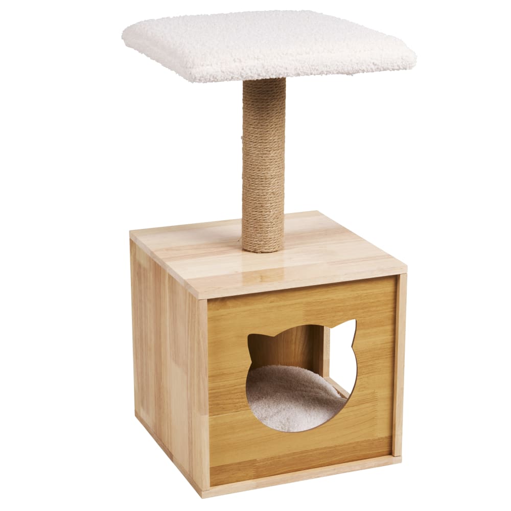 Arbre à chat en bois de chêne et bouclettes blanches - Maisons du Monde