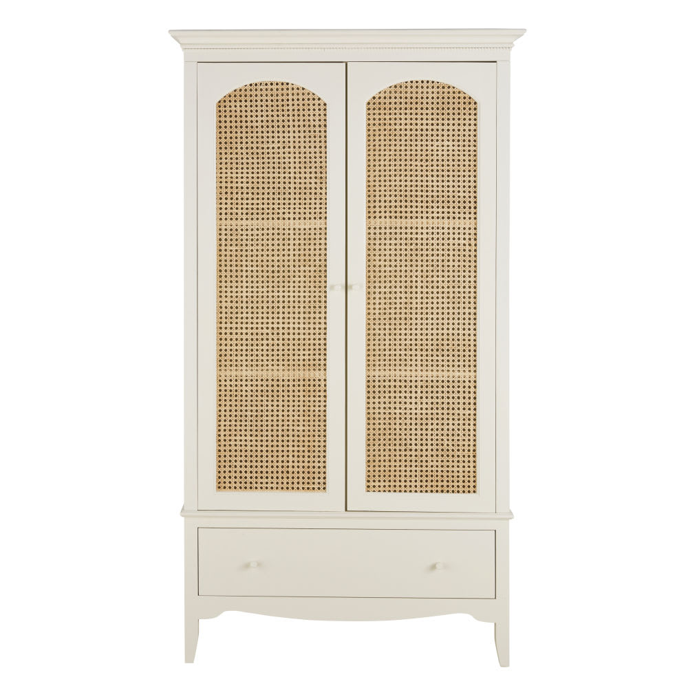 Armoire 2 portes 1 tiroir blanc cassé cannage en rotin L104