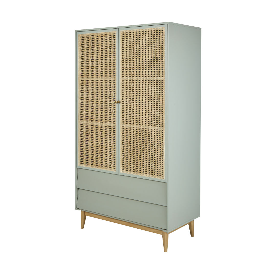 Armoire 2 portes 2 tiroirs bleu gris cannage en rotin L105 - Maisons du Monde