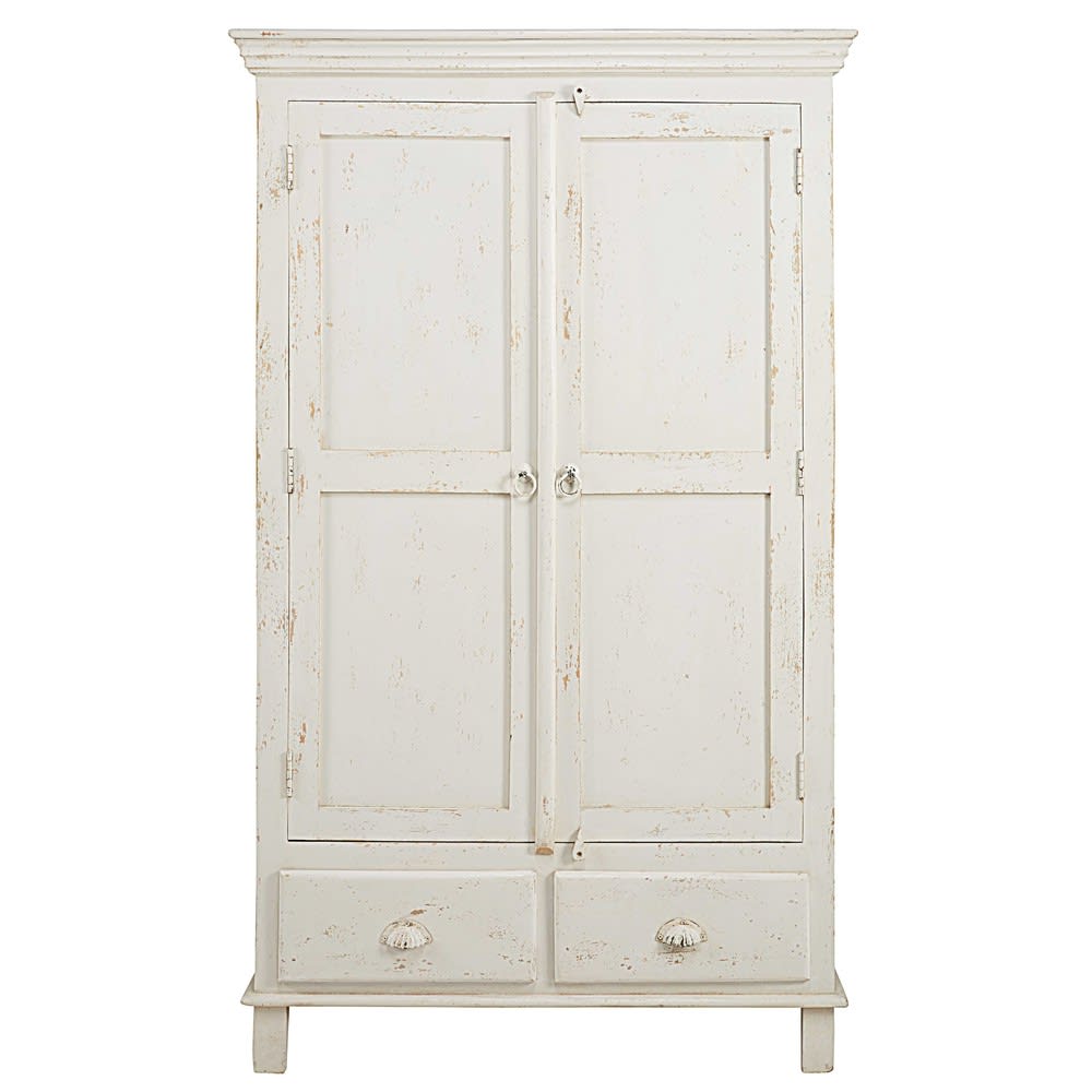 Armoire 2 portes 2 tiroirs en manguier blanc patiné L108