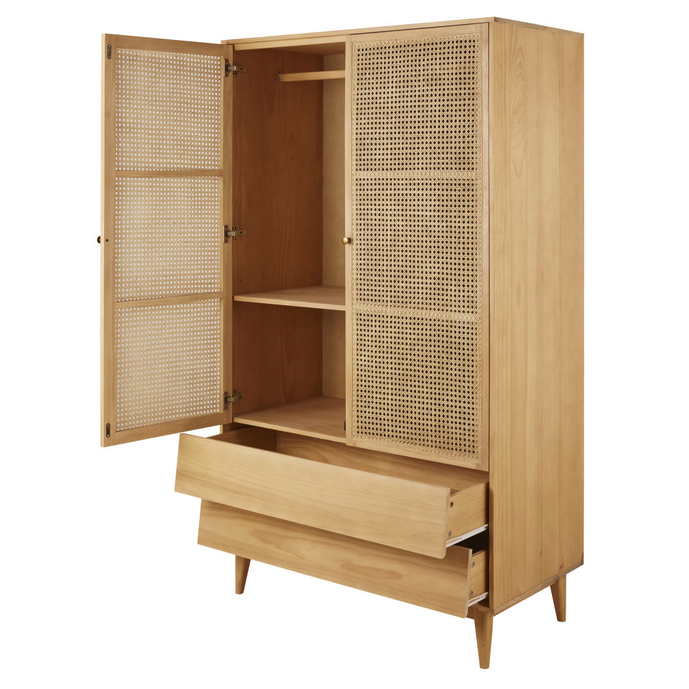 Armoire 2 portes battantes 2 tiroirs cannage en rotin L105