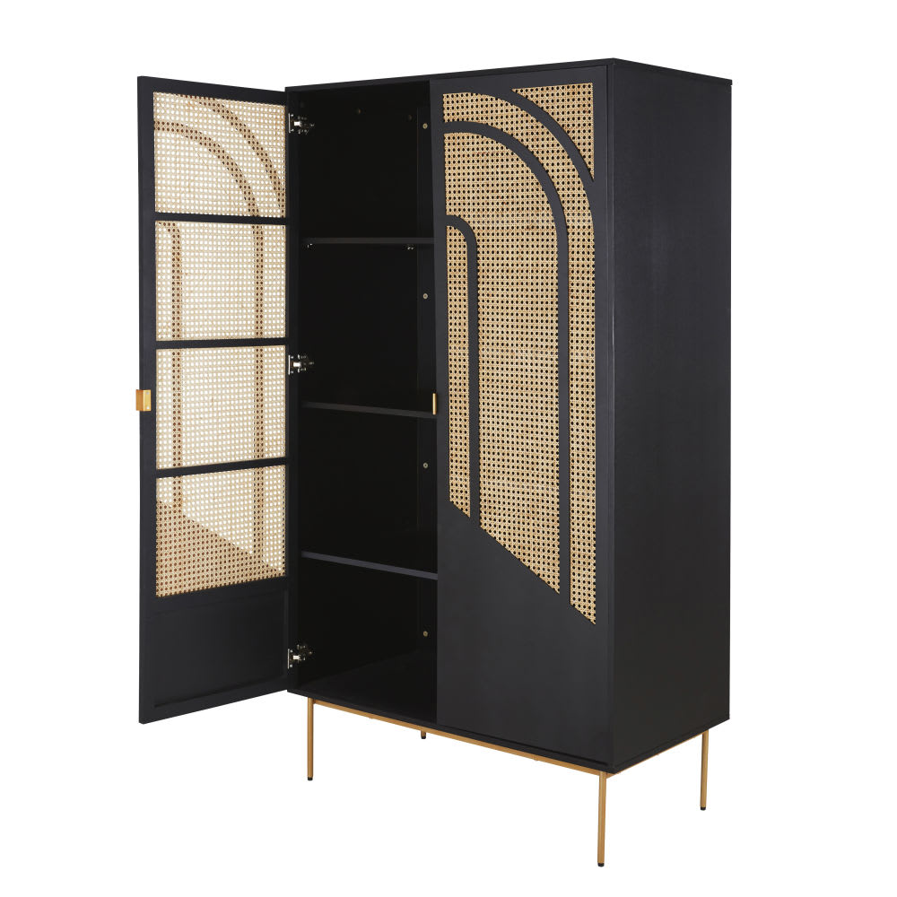 Armoire 2 portes battantes noire, cannage en rotin et métal doré L98