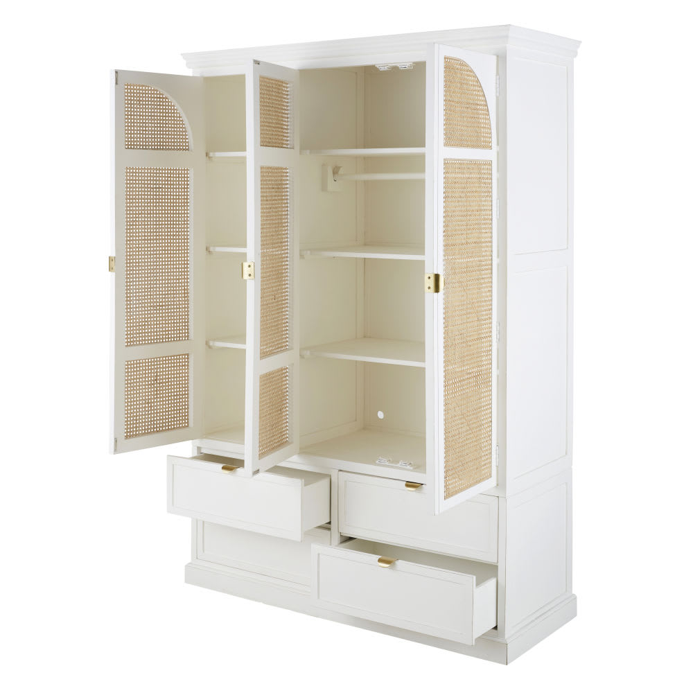Armoire 3 portes battantes 4 tiroirs blanc et cannage en rotin L140