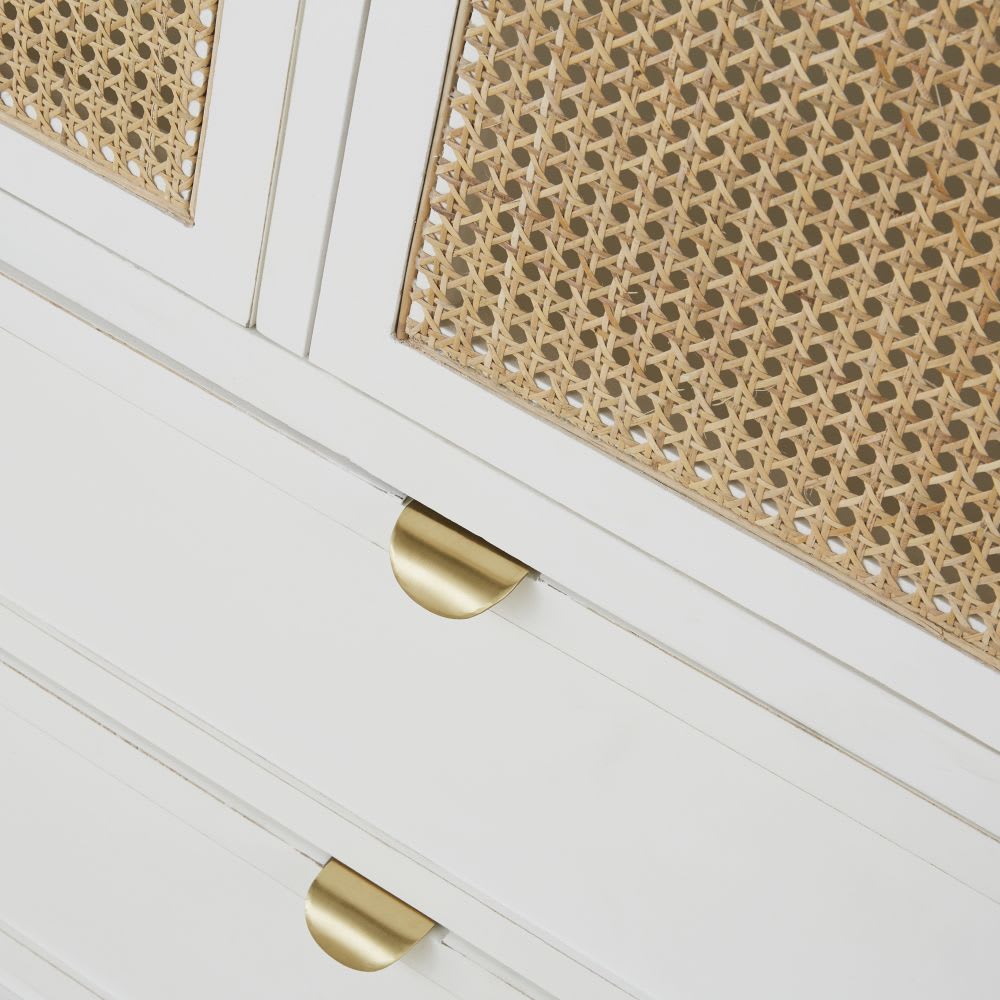 Armoire 3 portes battantes 4 tiroirs blanc et cannage en rotin L140 — vue 4