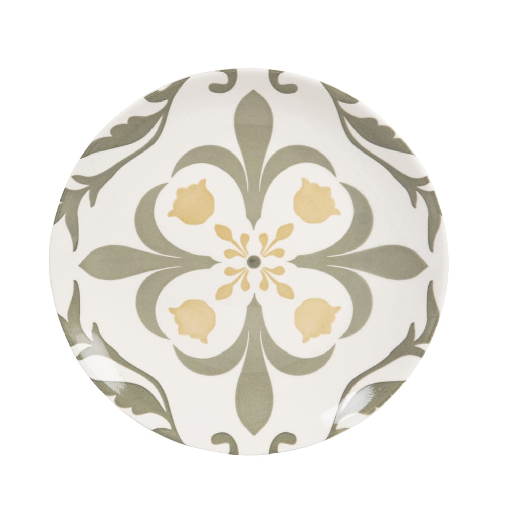 Assiette à dessert en céramique blanche motif ocre et vert