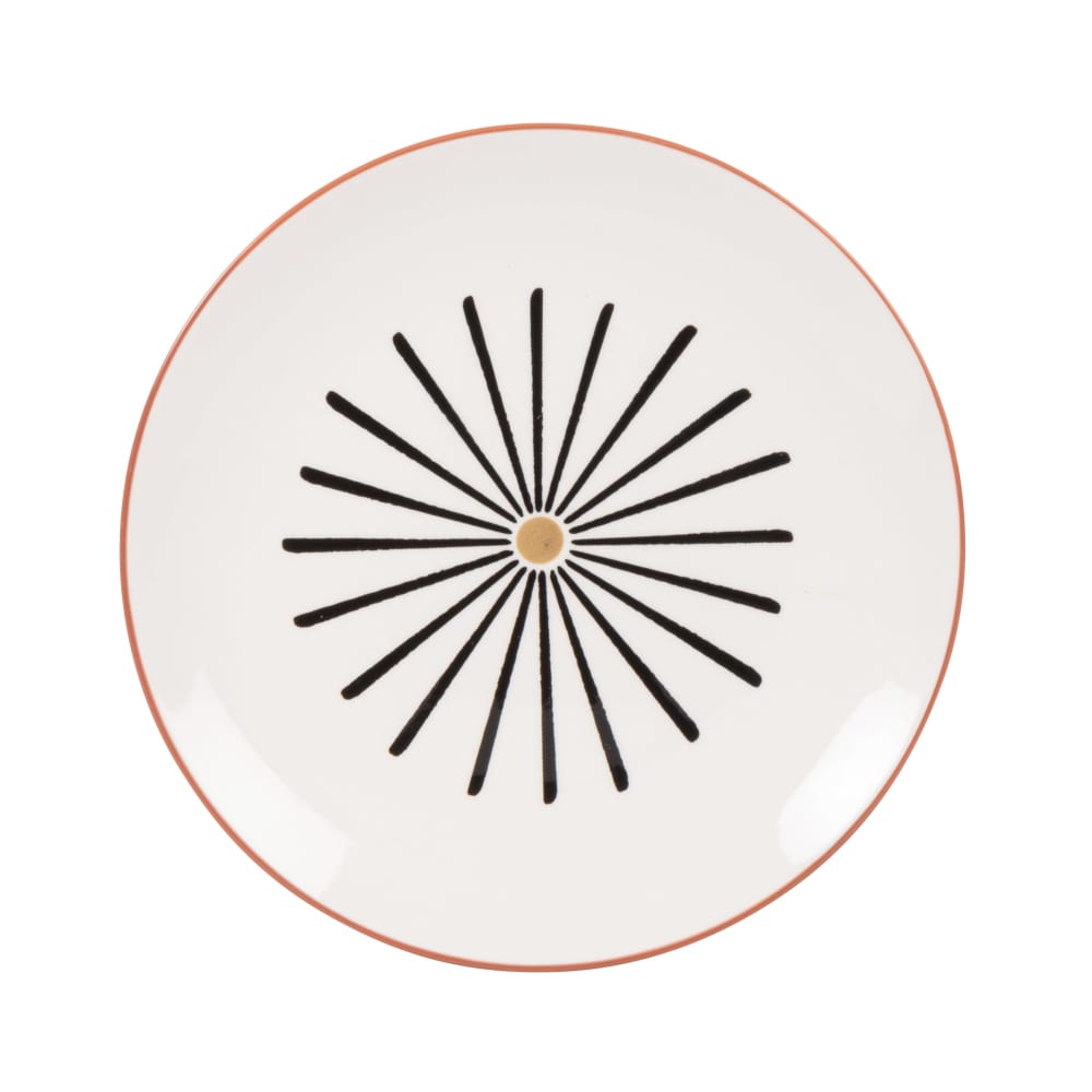 Assiette à dessert en céramique blanche motifs ethniques noirs et marron