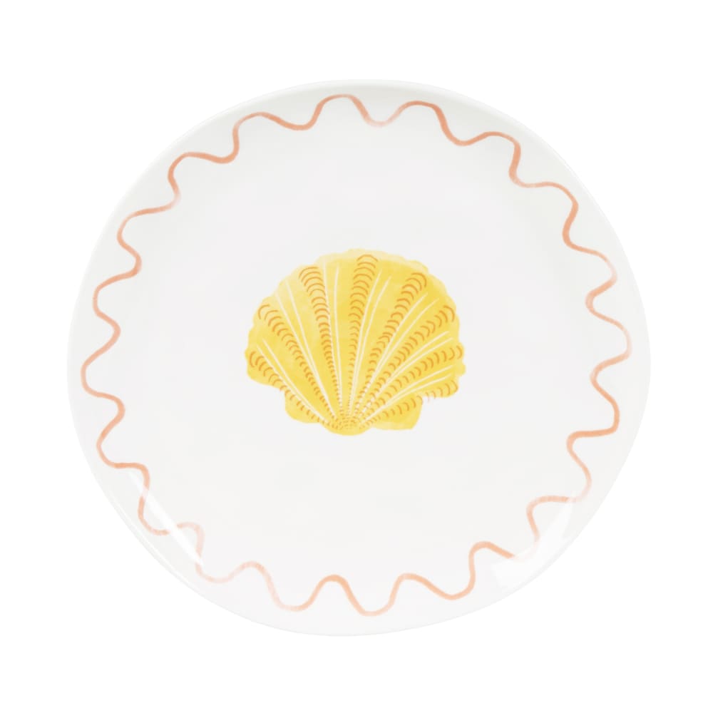 Assiette à dessert en céramique modelée blanche motif coquillage jaune