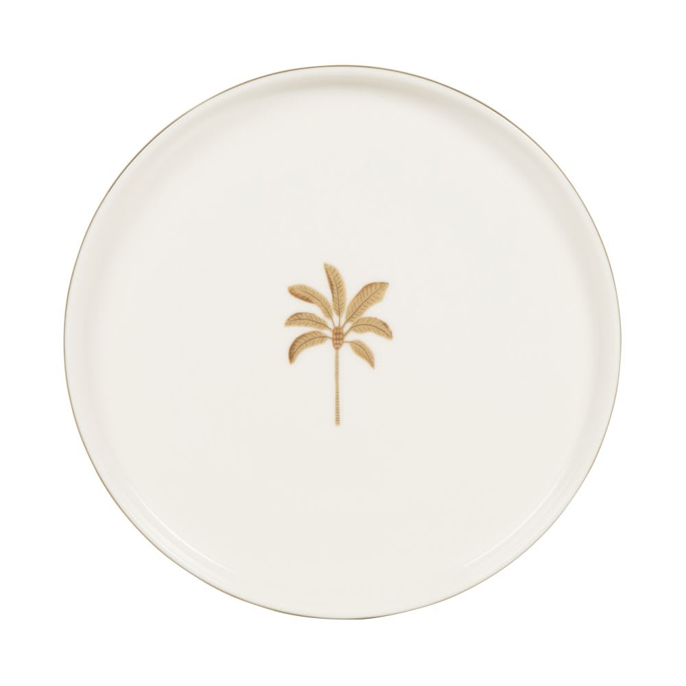 Assiette à dessert en porcelaine beige motif palmier doré Assiette à dessert en porcelaine beige motif palmier doré