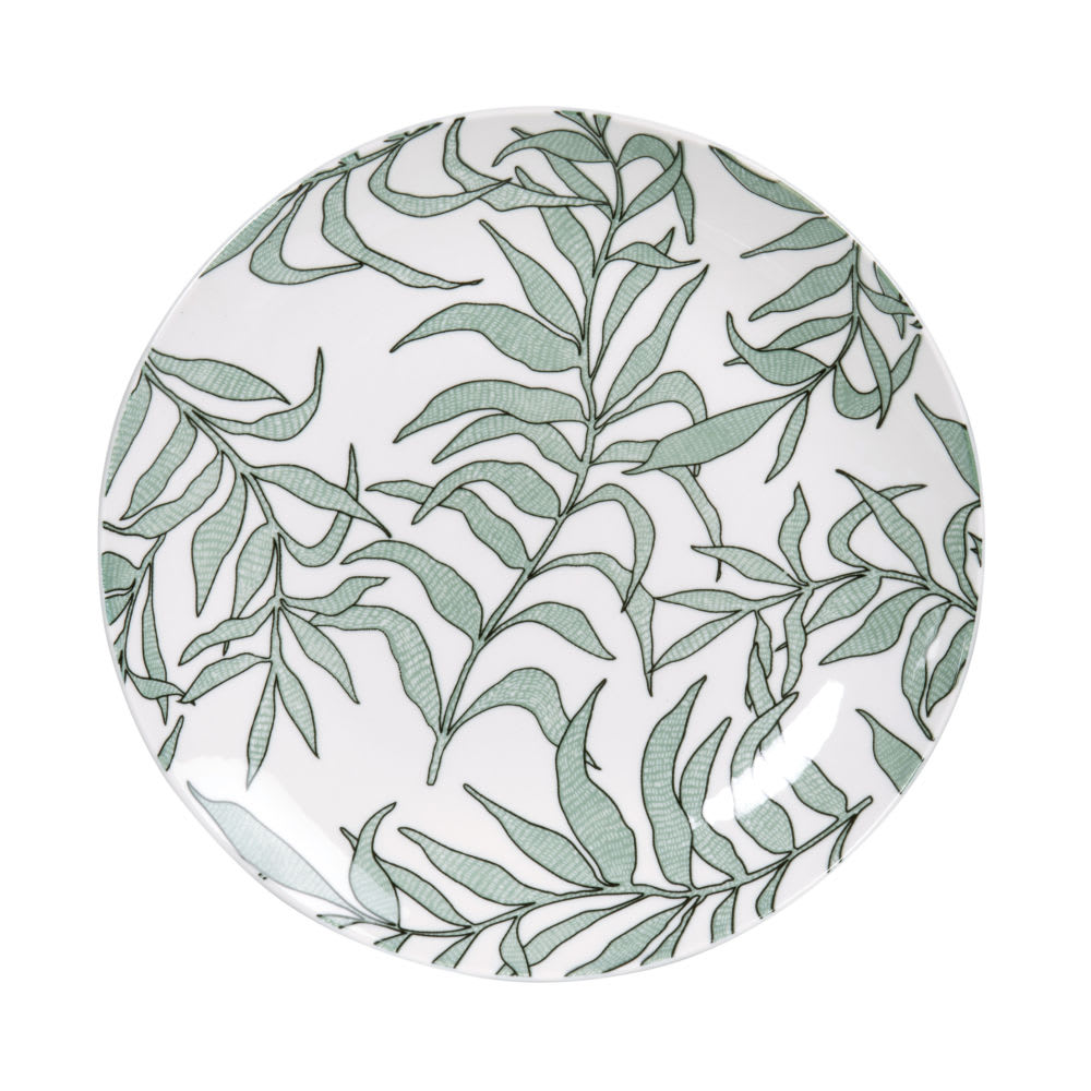 Assiette à dessert en porcelaine blanche motif végétal vert