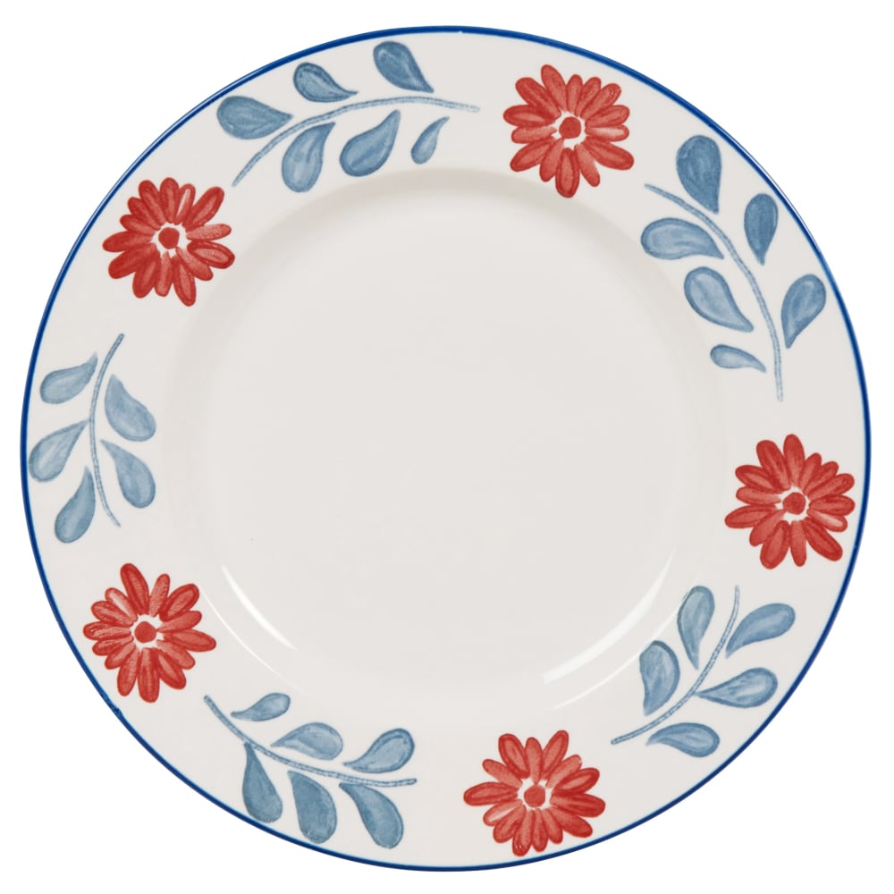 Assiette plate en céramique blanche motif floral bleu et rouge Assiette plate en céramique blanche motif floral bleu et rouge