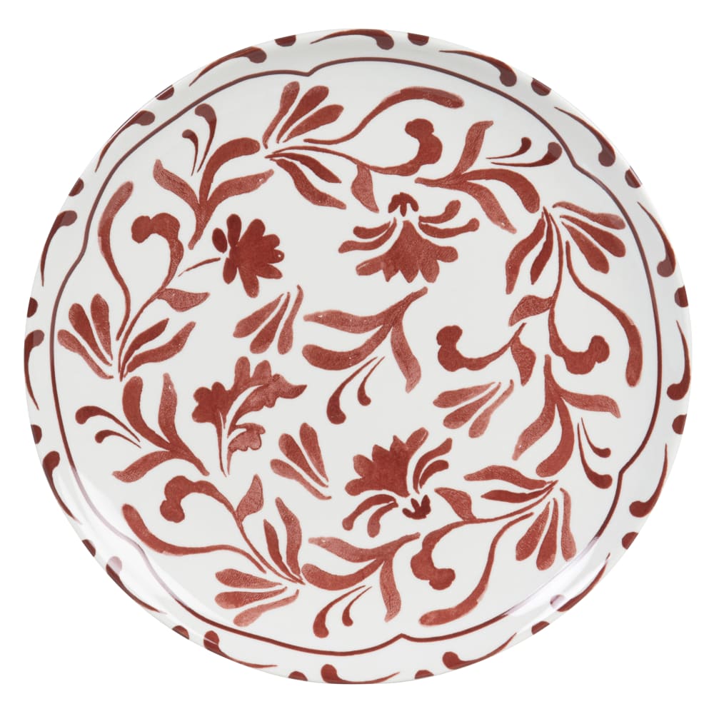 Assiette plate en céramique blanche motif floral bordeaux