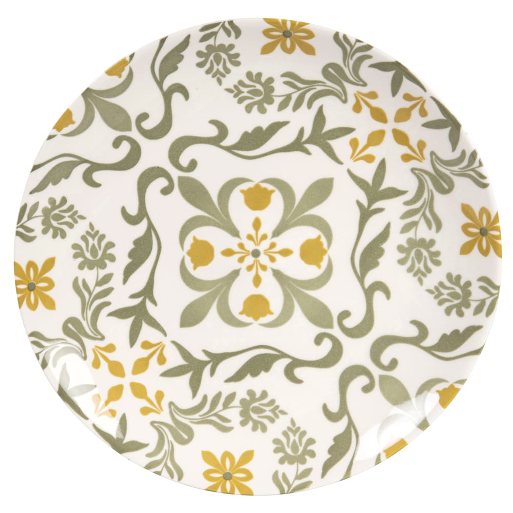 Assiette plate en céramique blanche motif ocre et vert