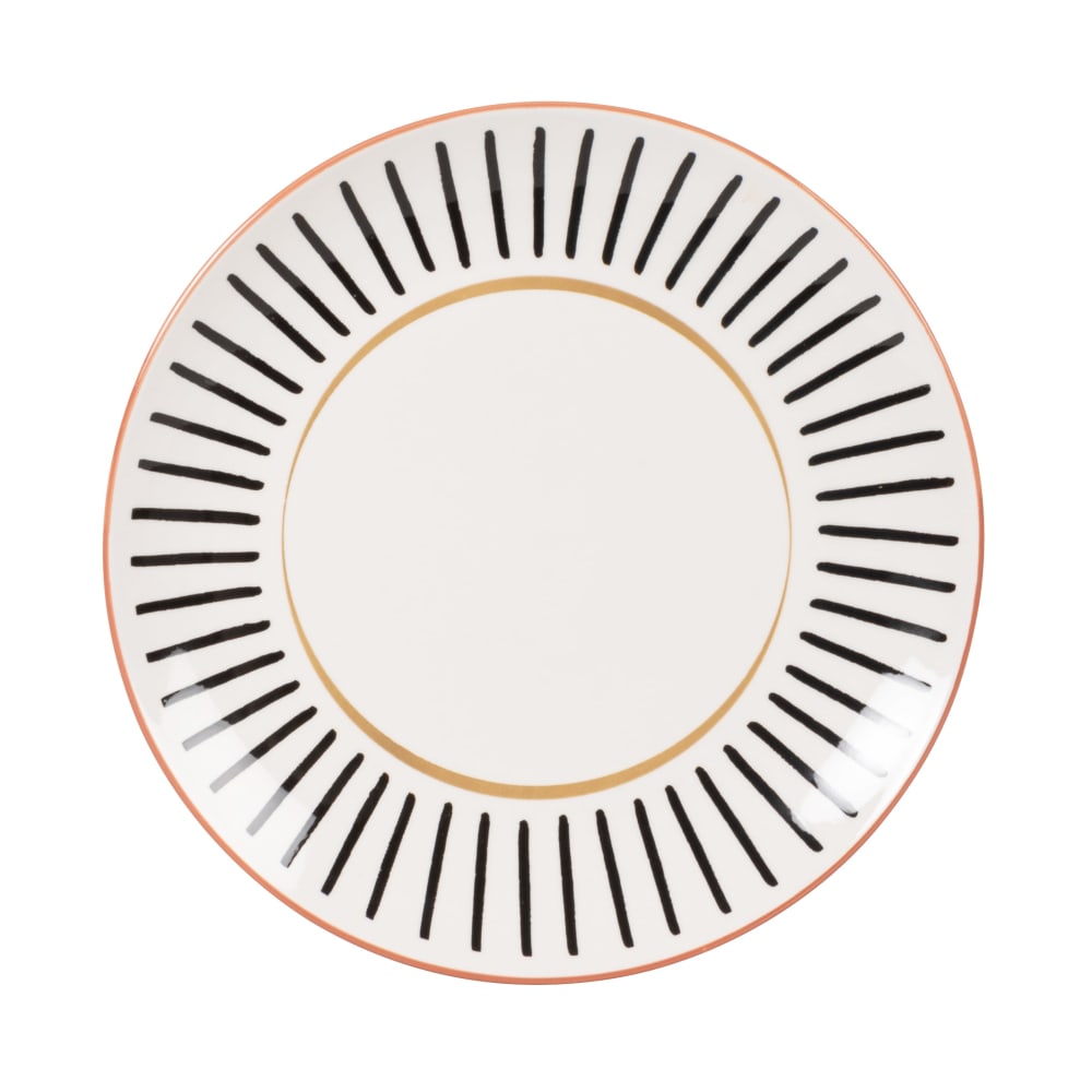 Assiette plate en céramique blanche motifs ethniques noirs et marron