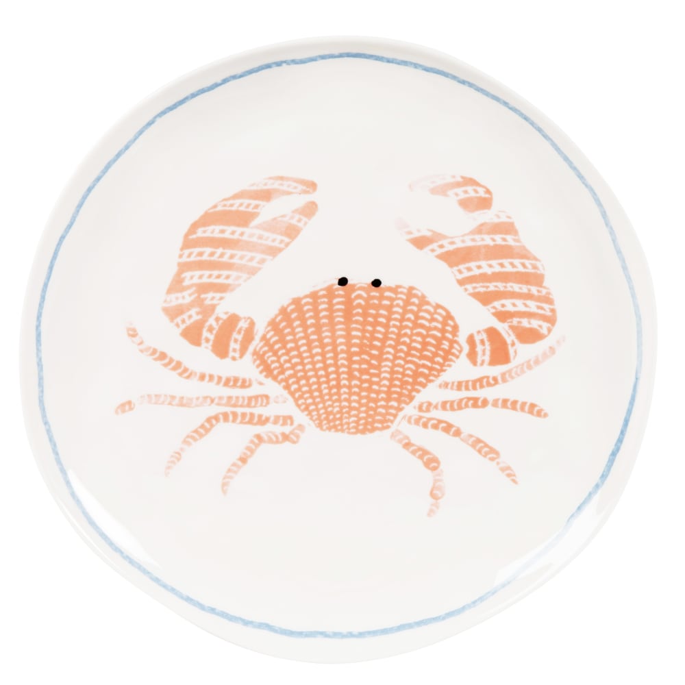 Assiette plate en céramique modelée blanche motif crabe orange