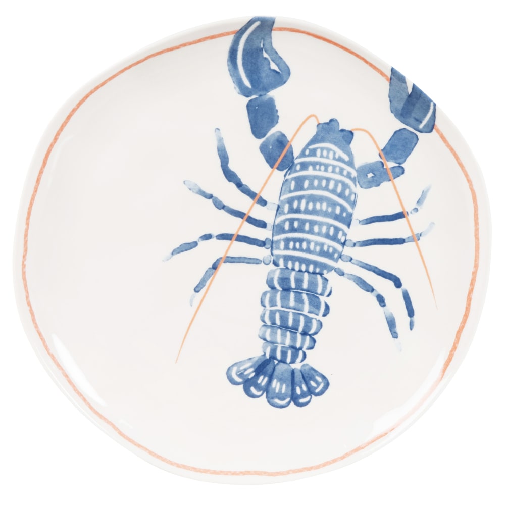 Assiette plate en céramique modelée blanche motif homard bleu