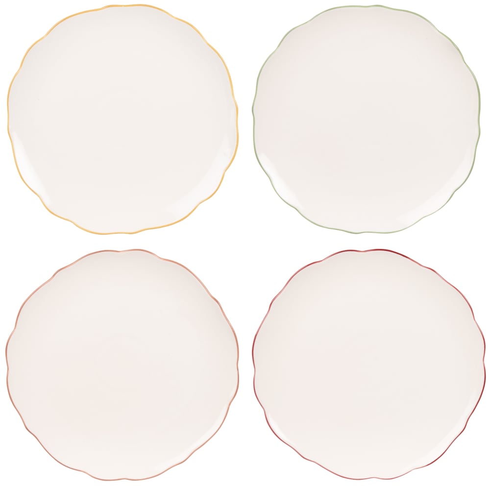 Assiettes plates (x4) en céramique blanche liseré multicolore