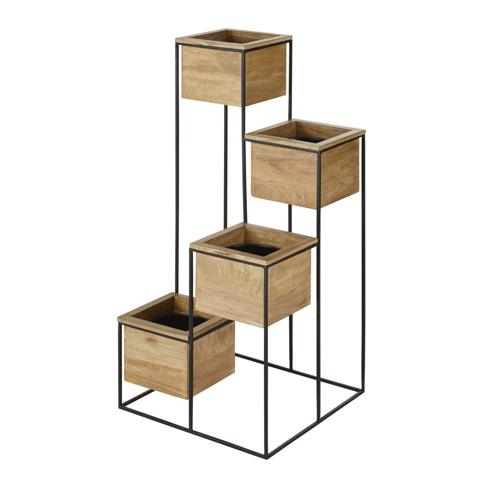 Bac 4 plantes en manguier et fer recyclé noir