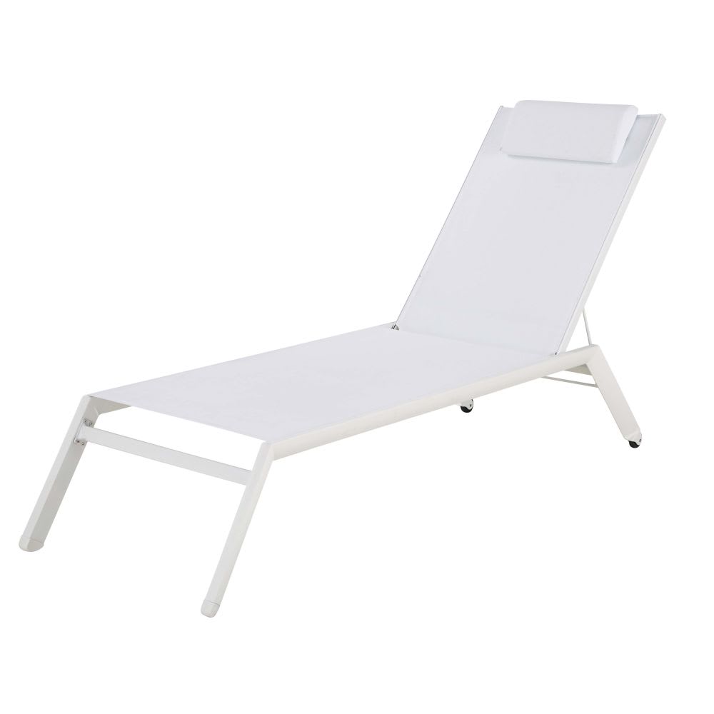 Bain de soleil à roulettes en aluminium et toile plastifiée blanche