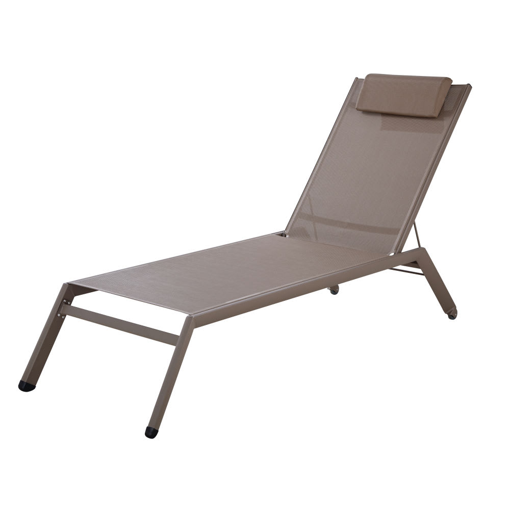 Bain de soleil à roulettes en aluminium et toile plastifiée taupe