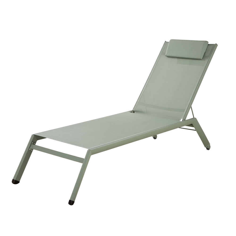 Bain de soleil à roulettes en aluminium et toile plastifiée vert kaki