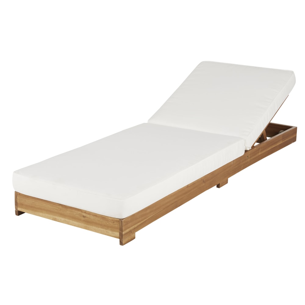 Bain de soleil à roulettes en bois d'acacia massif et coussins écrus en polyester recyclé