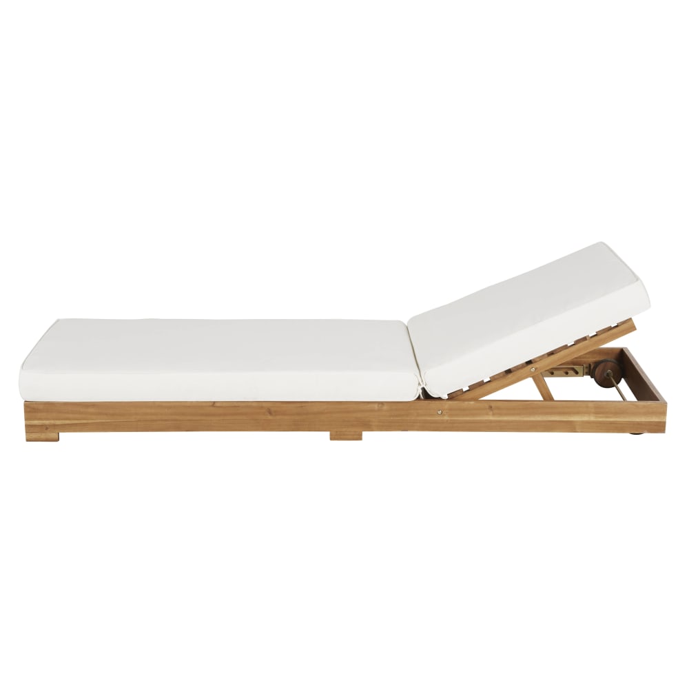 Bain de soleil à roulettes en bois d'acacia massif et coussins écrus en polyester recyclé