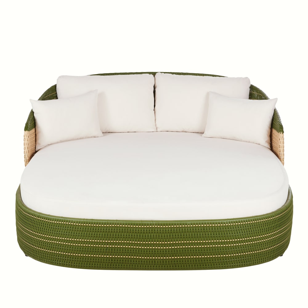 Bain de soleil double professionnel en résine recyclée tressée verte et beige et cousins en polyester recyclé écrus