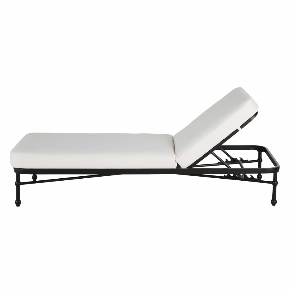 Bain de soleil en acier noir et matelas en polyester recyclé blanc cassé