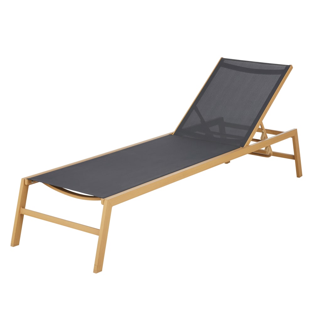 Bain de soleil en aluminium imitation bois et toile plastifiée gris anthracite