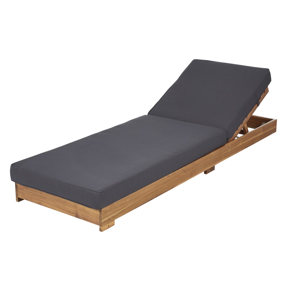 Bain de soleil en bois d'acacia et toile en polyester recyclé gris anthracite