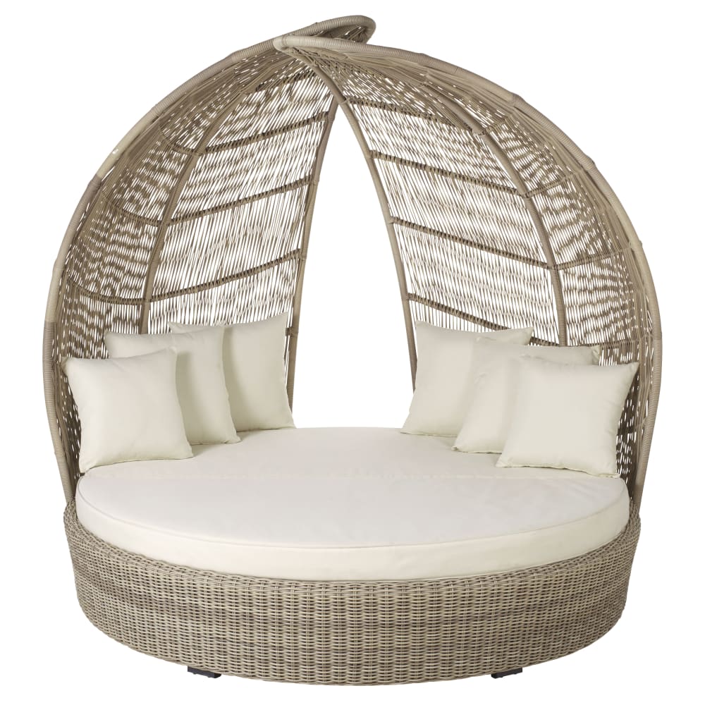 Bain de soleil rond 2 places en résine recyclé et coussins blancs en polyester recyclé