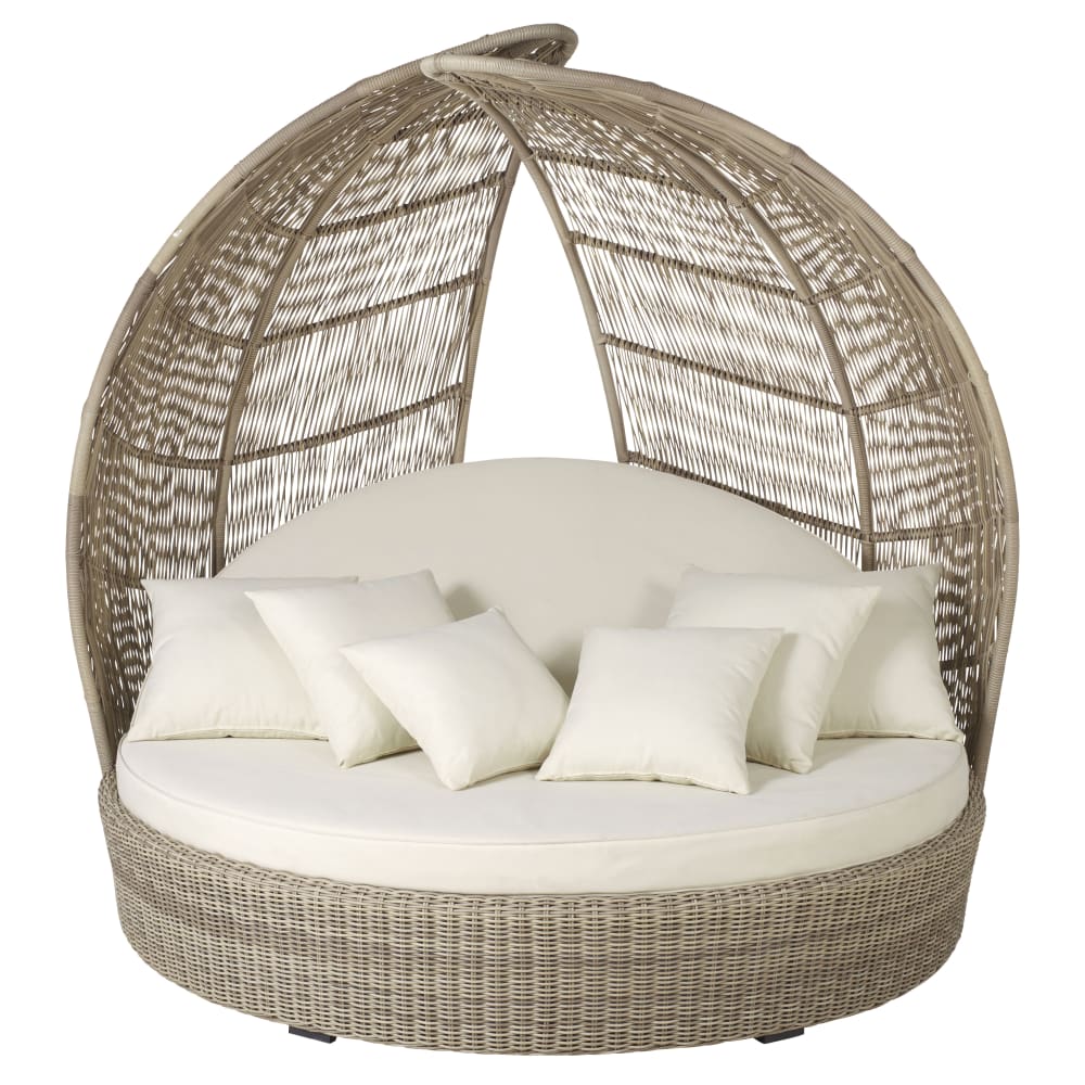 Bain de soleil rond 2 places en résine recyclé et coussins blancs en polyester recyclé