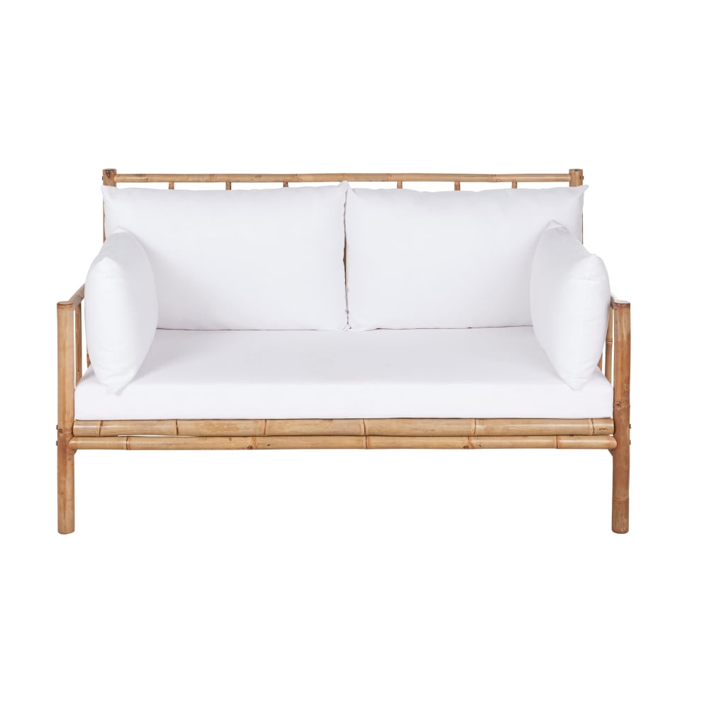 Banquette 2 places en bambou et coussins blancs