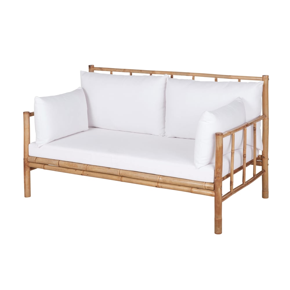 Banquette 2 places en bambou et coussins blancs - Maisons du Monde