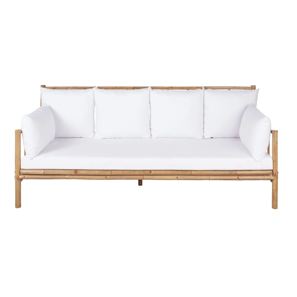 Banquette 3 places en bambou et coussins blancs