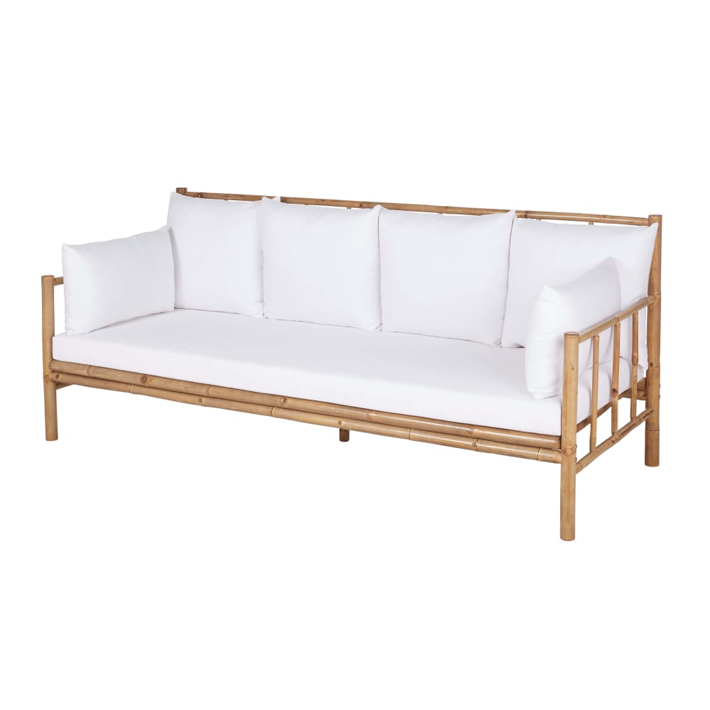 Banquette 3 places en bambou et coussins blancs - Maisons du Monde