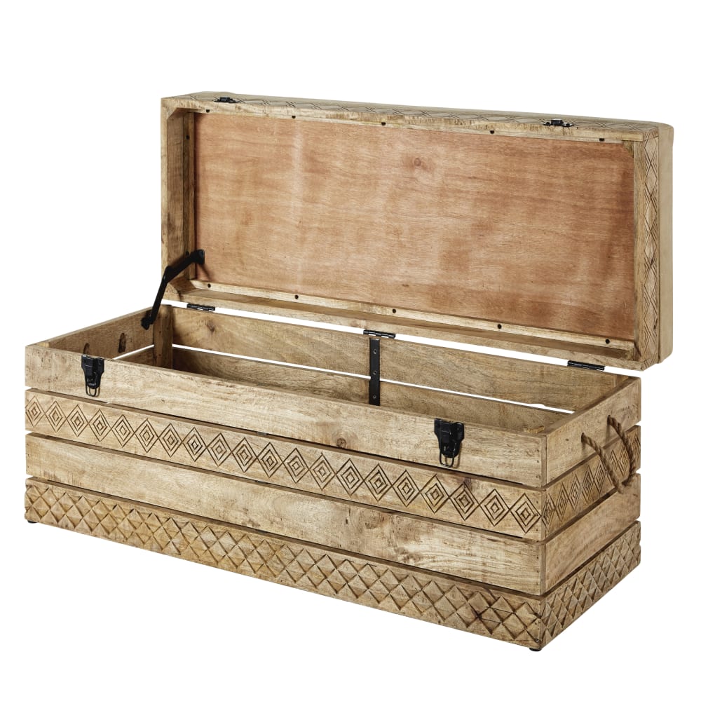 Banquette coffre en bois de manguier et coton beige foncé - Maisons du Monde